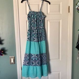 Girl’s Long Summer Dress with Blue Lace Panels and Floral Print